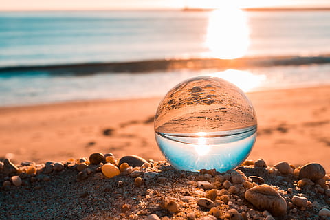 Clear Glass Ball on Brown Sands, beach, dawn, Lensball, reflection HD wallpaper