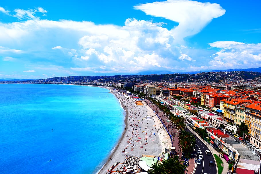 france, nice, sand, town, buildings, nature, natural, beach HD wallpaper