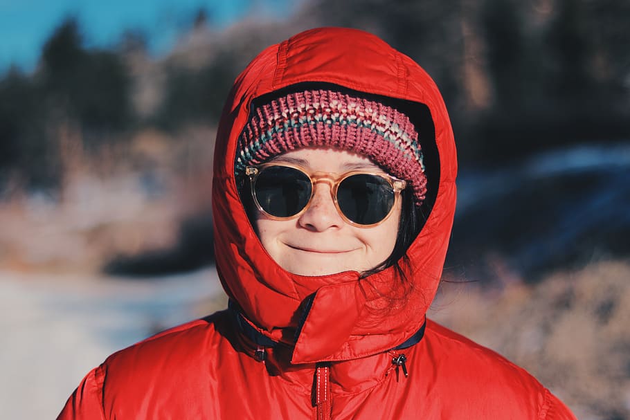 Woman Wearing Red Hooded Jacket, cold, eyewear, person, Portland HD wallpaper