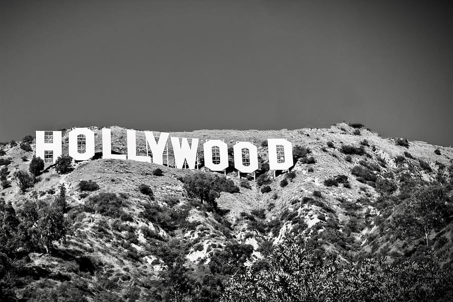 hollywood, sign, black, white, usa, landmark, famous, american