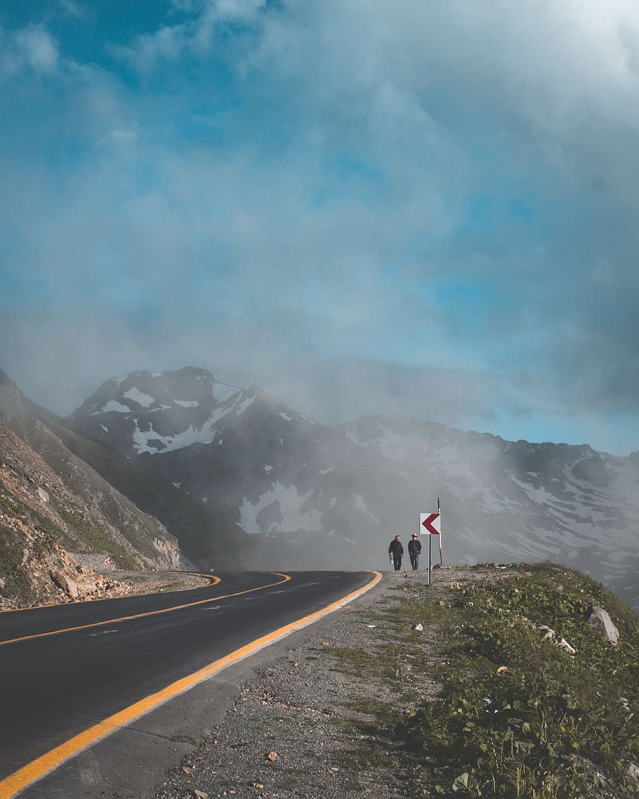 Two Person Walking Beside Road, altitude, asphalt, clouds, cold HD wallpaper