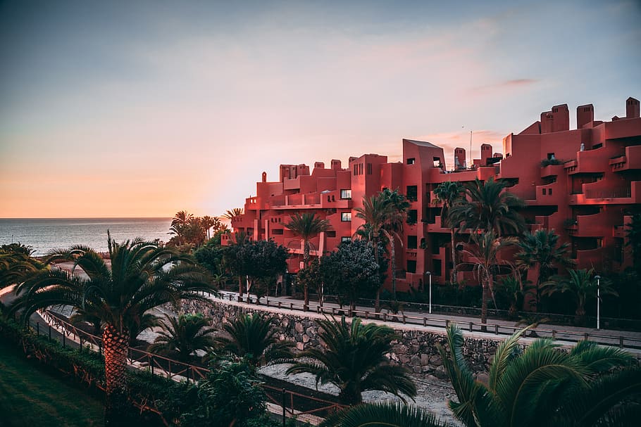 red building and trees, sky, sunset, building exterior, architecture HD wallpaper