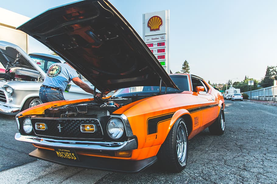 mechanic fixing orange car, mode of transportation, motor vehicle HD wallpaper