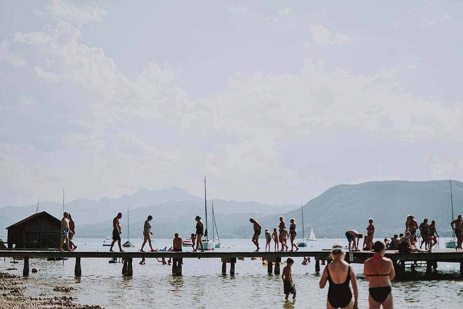 people walking on boardwalk, water, human, person, waterfront, HD wallpaper