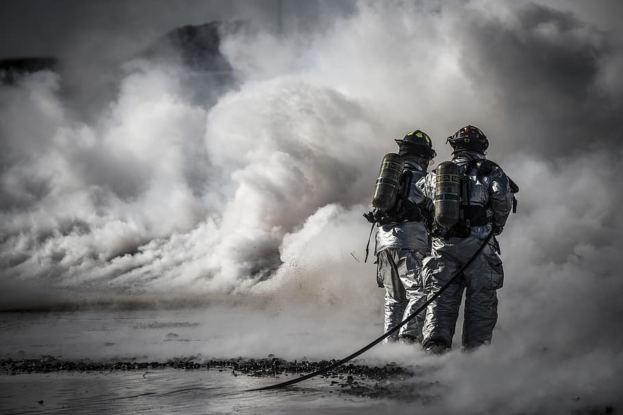 Firefighter Standing Beside Smoke, alarm, black-and-white, danger, HD wallpaper