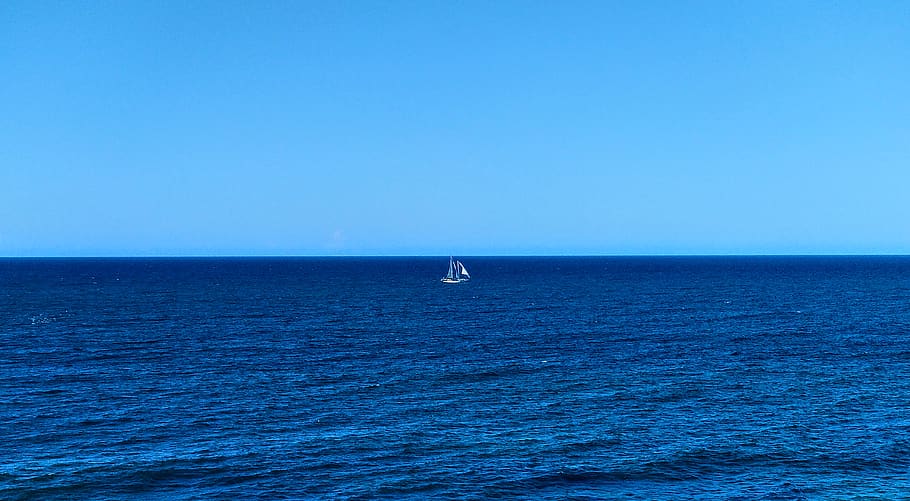summer, blue, background, water, ocean, sea, boat, sails, sky, HD wallpaper