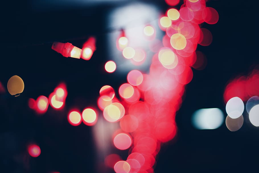 india, thrissur, focus, red, night, city lights, dark, decorations HD wallpaper