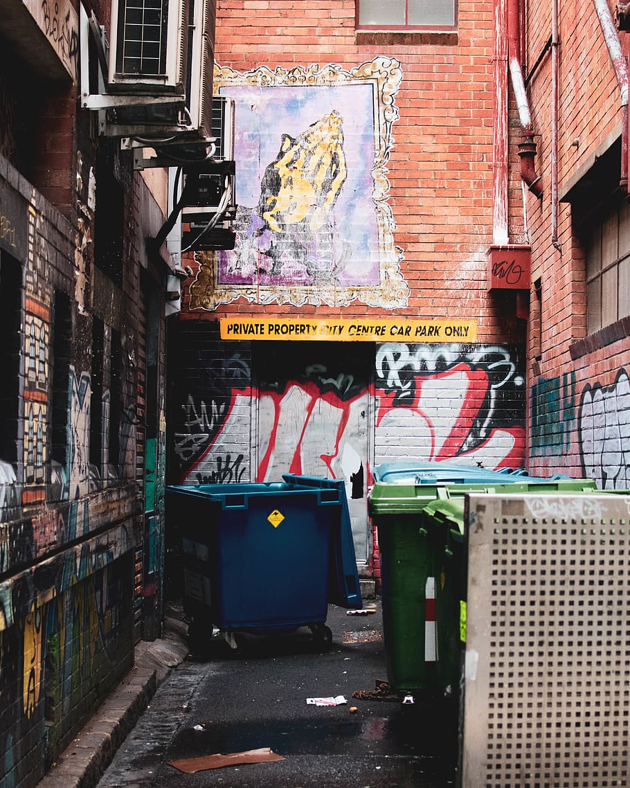 garbage bins, graffiti, urban, street, melbourne, mural, art HD wallpaper