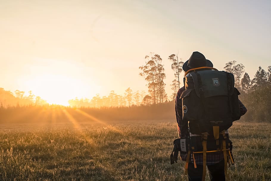 Man in Black Backpack during Golden Hour, adult, adventure, backpacker HD wallpaper
