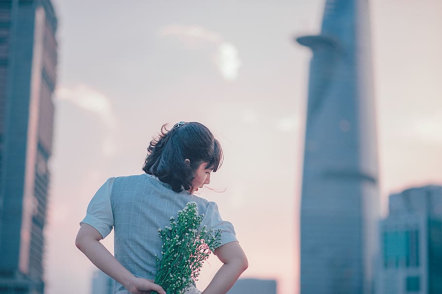 Selective Focus Photo of Woman Holding White Flower, back, beautiful HD wallpaper