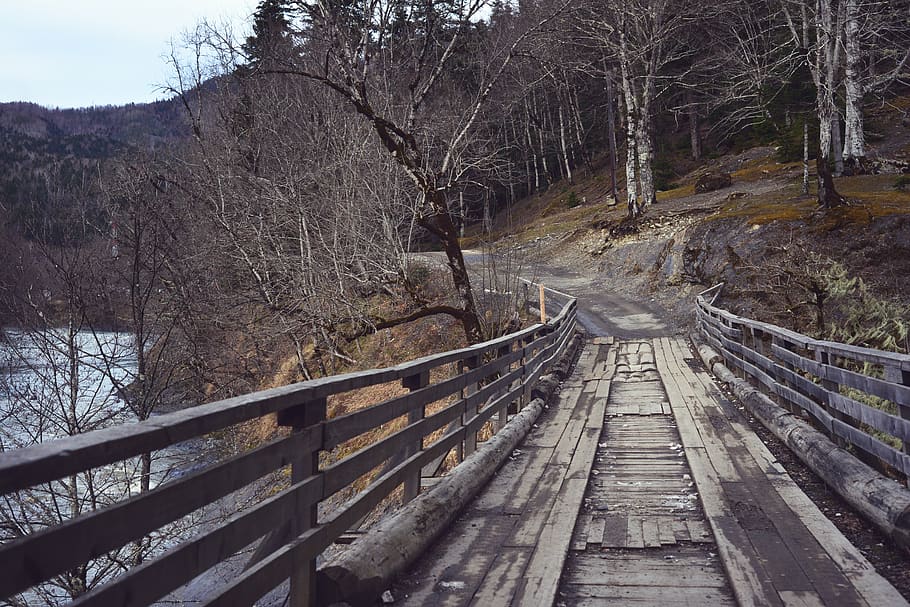 old, bridge, river, mountains, trees, nature, sky, railing HD wallpaper