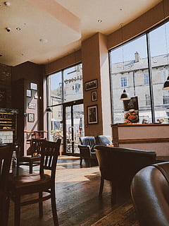 Leather Chairs in Restaurant, architecture, café, ceiling, coffee shop HD wallpaper