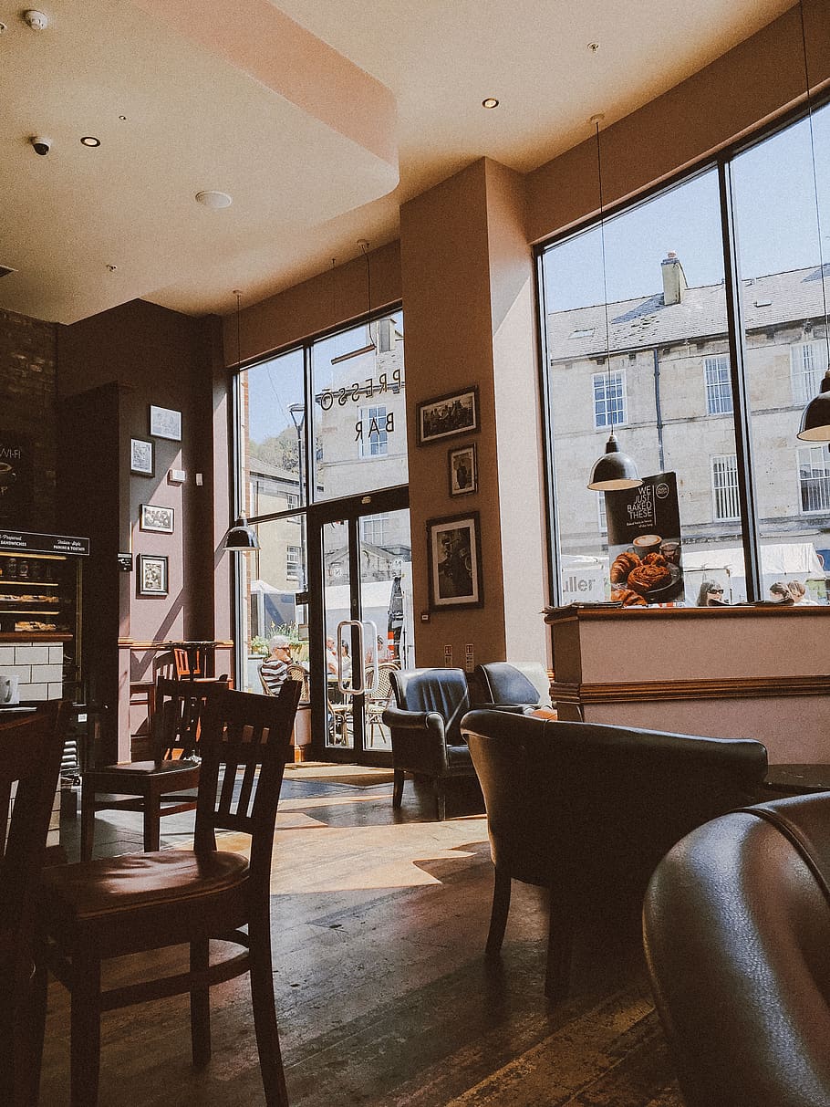 Leather Chairs in Restaurant, architecture, café, ceiling, coffee shop HD wallpaper