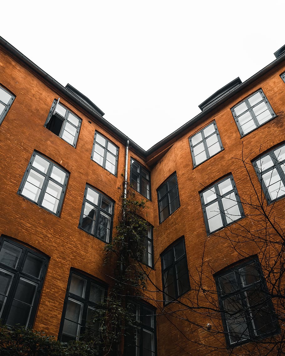 beige painted building, window, building exterior, low angle view HD wallpaper
