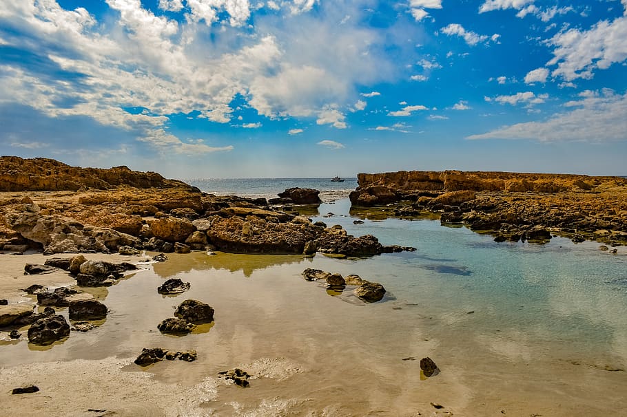 rocky coast, mirroring, landscape, beach, sky, clouds, peaceful HD wallpaper