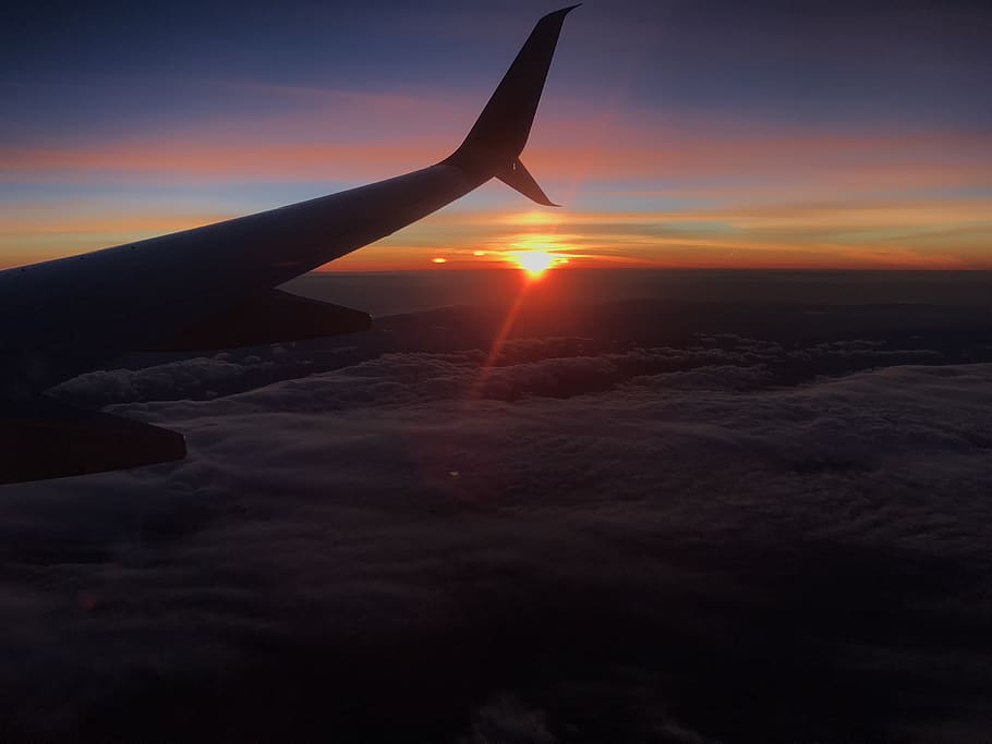 sky, sunset, clouds, orange, blue, white, plane, wing, flying HD wallpaper