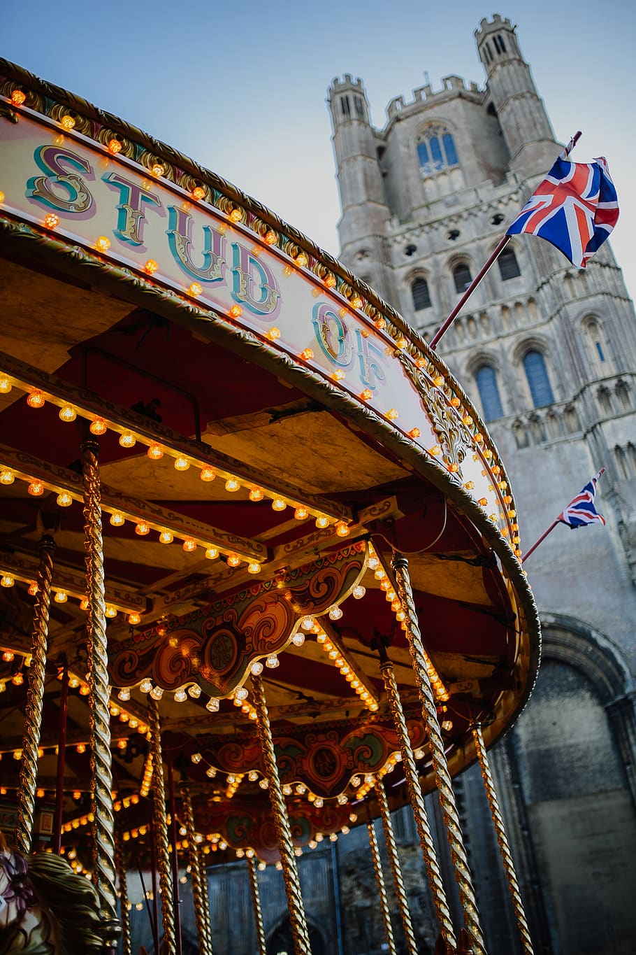 British flag flying over circus carousel, amusement park, ely, HD wallpaper