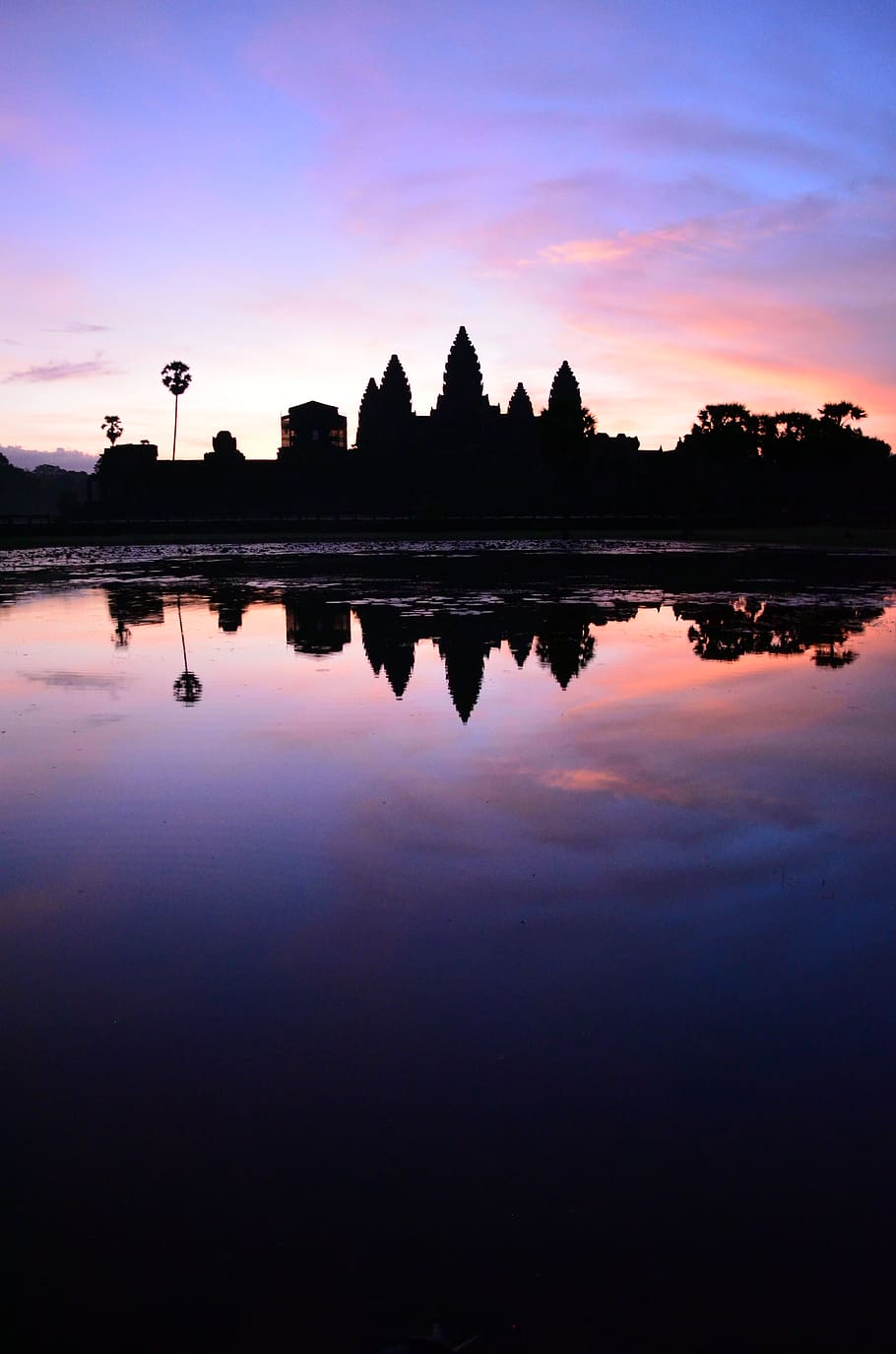 cambodia, angkor wat, krong siem reap, sunrise, purple, temple, HD wallpaper