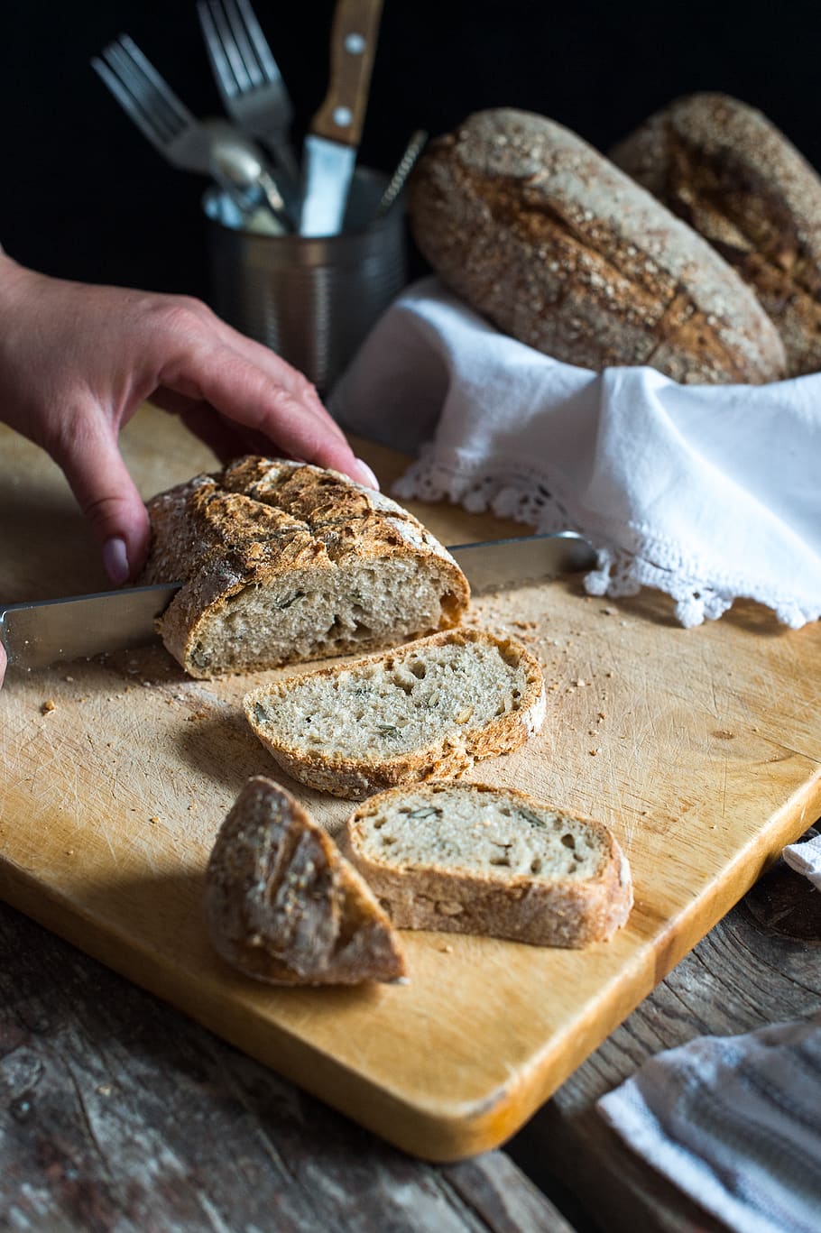 sliced bread, cutlery, fork, food, person, human, french loaf HD wallpaper