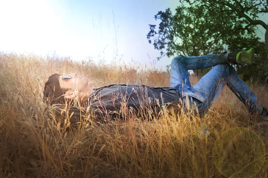 Man Lying on Ground, daylight, environment, field, grass, grass field HD wallpaper