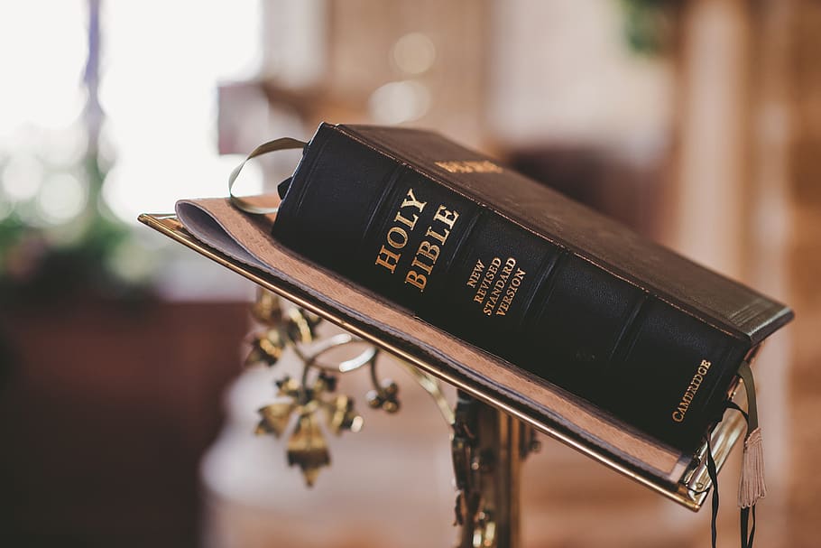Holy Bible on Stand, blur, Christ, christianity, church, close-up, HD wallpaper