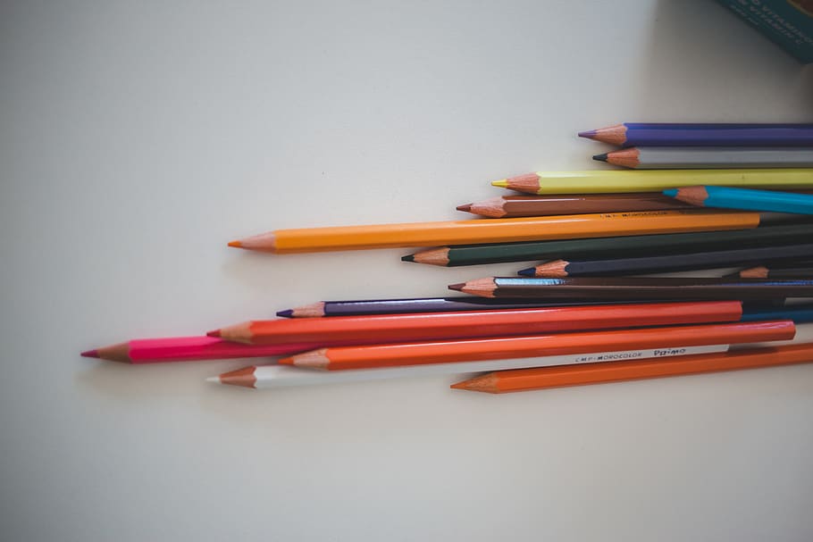assorted color pencils on table, multi colored, indoors, still life HD wallpaper
