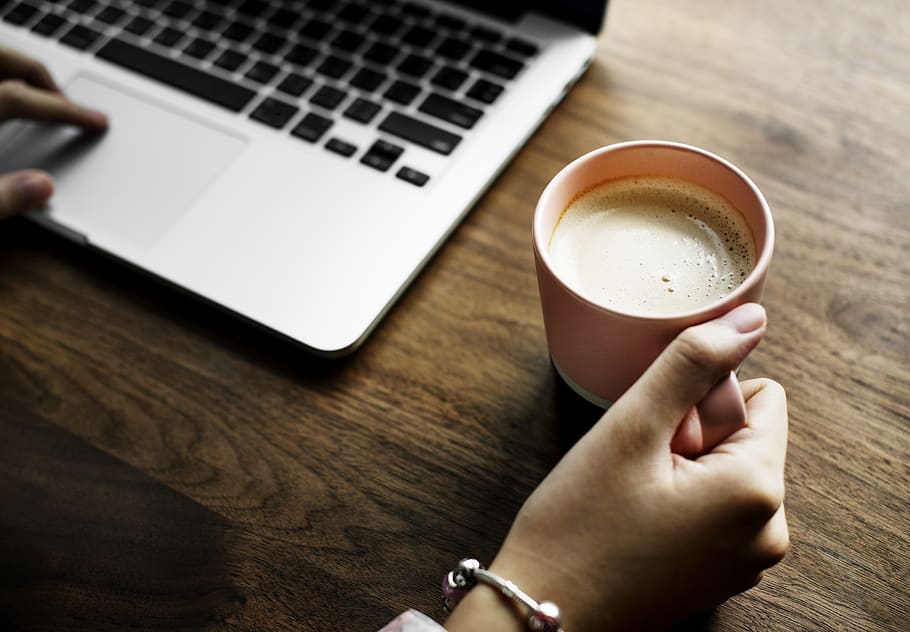 Hand On Cup Of Coffee, beverage, drink, espresso, keyboard, laptop HD wallpaper