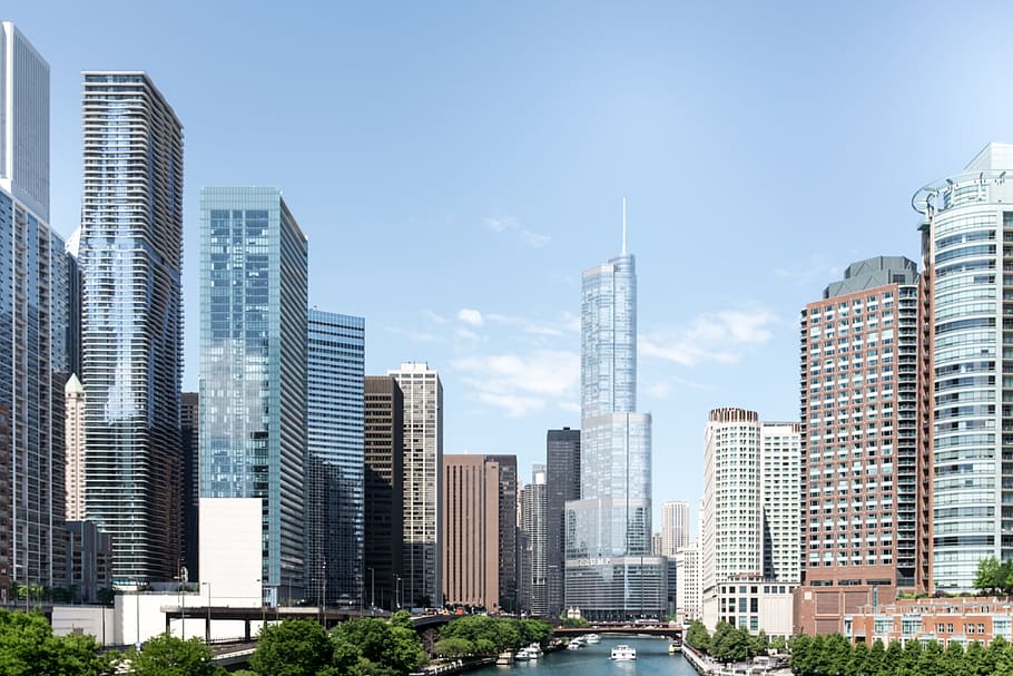 Chicago river, architecture, blue, bridge, building, business HD wallpaper