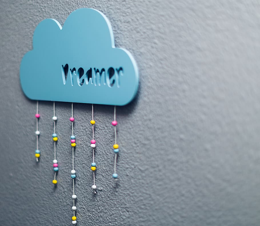 blue hanging decor, pin, text, wall, dreamer, cloud, alphabet