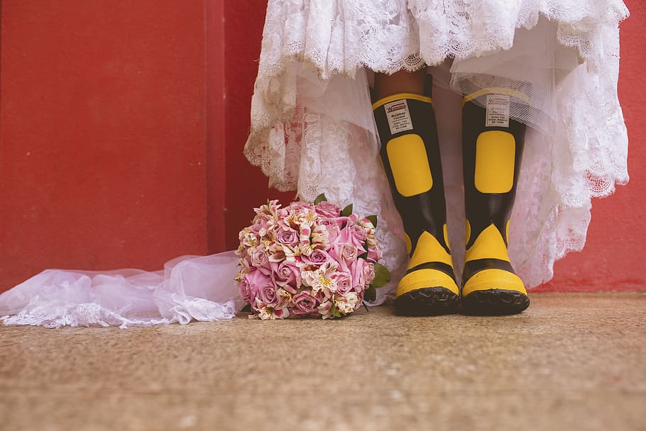 Yellow-and-black Rain Boots, bridal bouquet, bride, celebration