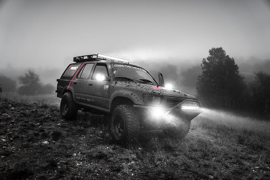 grayscale photography of SUV near forest, offroad, vehicle, transportation, HD wallpaper