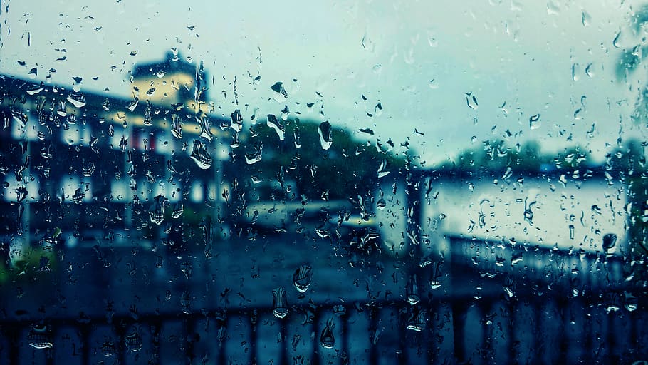 window, raindrops, water, view, buildings, sky, wet, transparent HD wallpaper