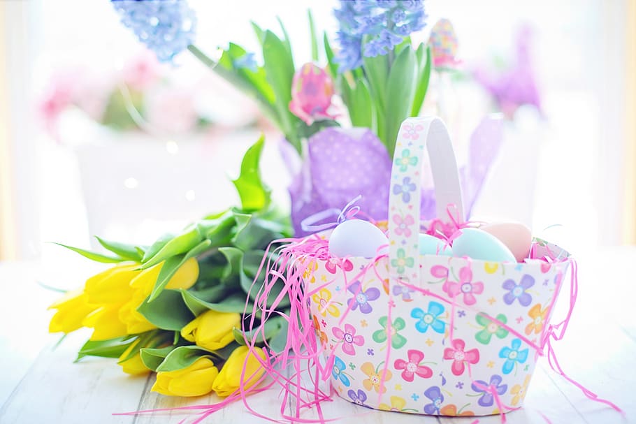 easter, basket, eggs, flowers, colorful, spring, pastels, flowering plant HD wallpaper