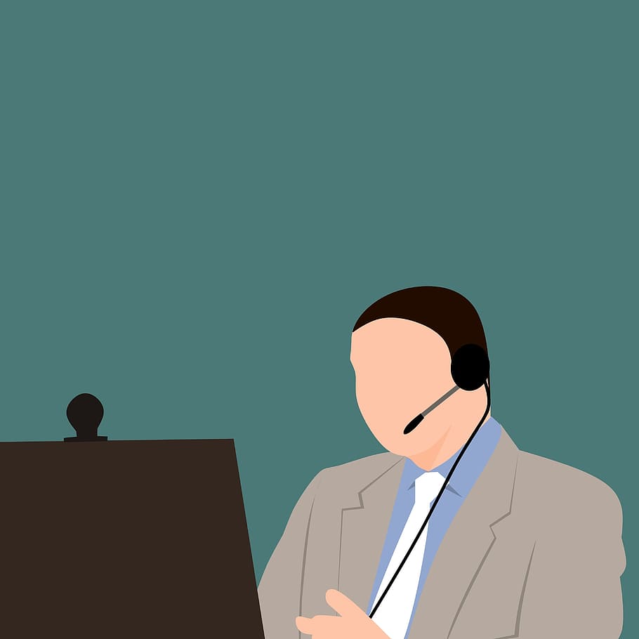Man taking or teaching online course, or on internet call, with headset and copyspace.