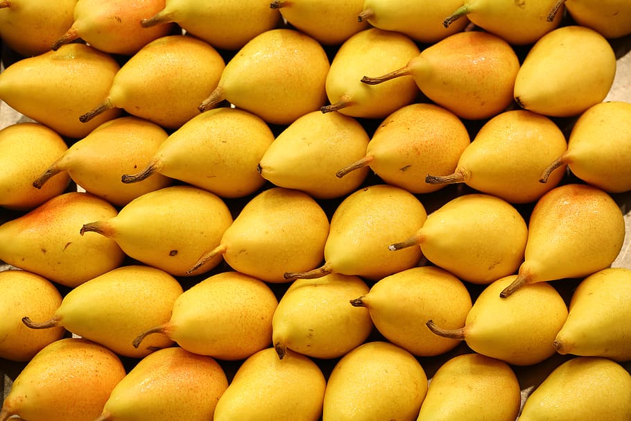 yellow fruit lot, food, pear, plant, closeup, close-up, market HD wallpaper