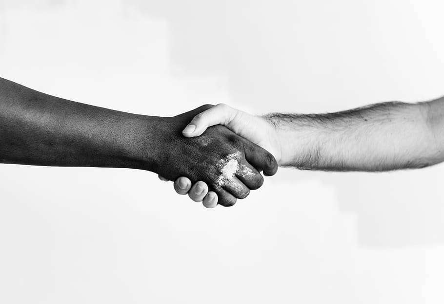 Person Holding Hands, black and white, color, cooperation, deal, HD wallpaper