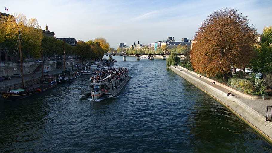 france, paris, bateau-mouche, riverboat, water, tree, plant, HD wallpaper