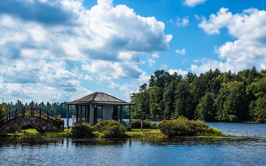 sky, trees, lake, bridge, clouds, water, green, nature, united states, HD wallpaper