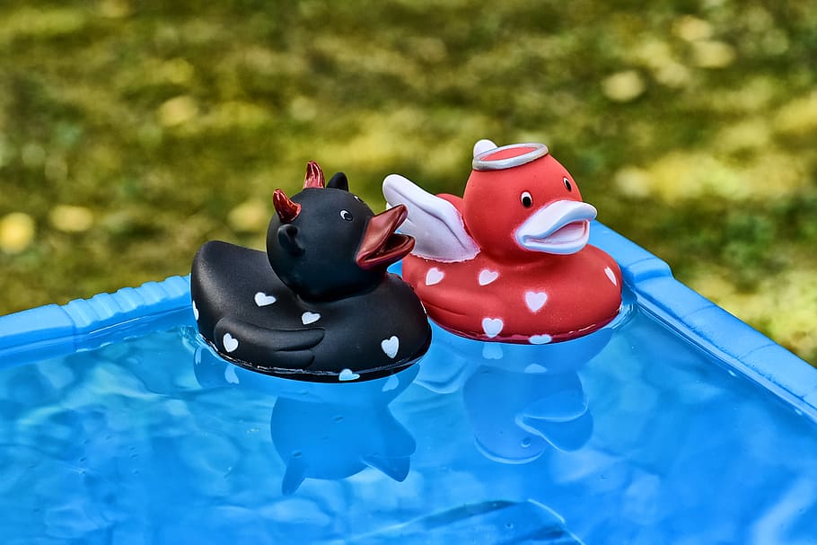 quietscheenten, devil, angel, opposites, ducks, rubber, cute HD wallpaper