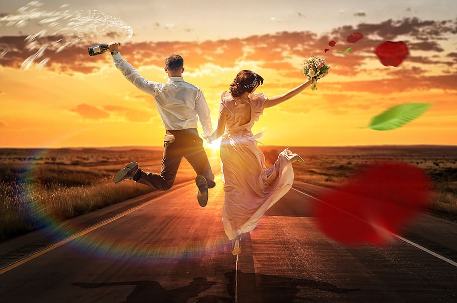 sunset, bride, wedding, the groom, two people, sky, leisure activity HD wallpaper