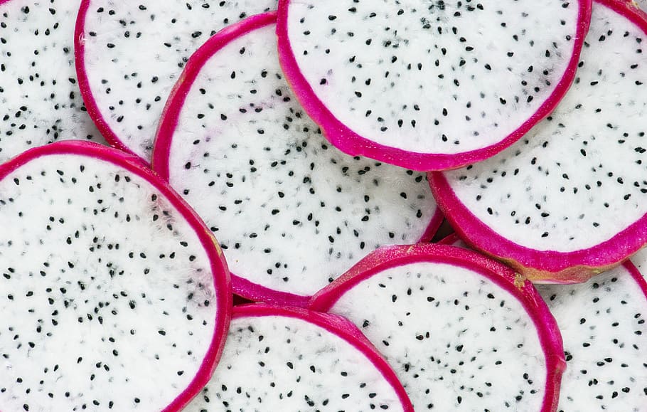 Sliced of Dragonfruits, bright, close-up, colors, cut, delicious