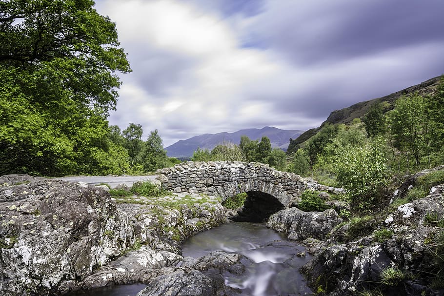 Gray Rock Formation Near Water Falls Under Cloudy Sky, bridge HD wallpaper