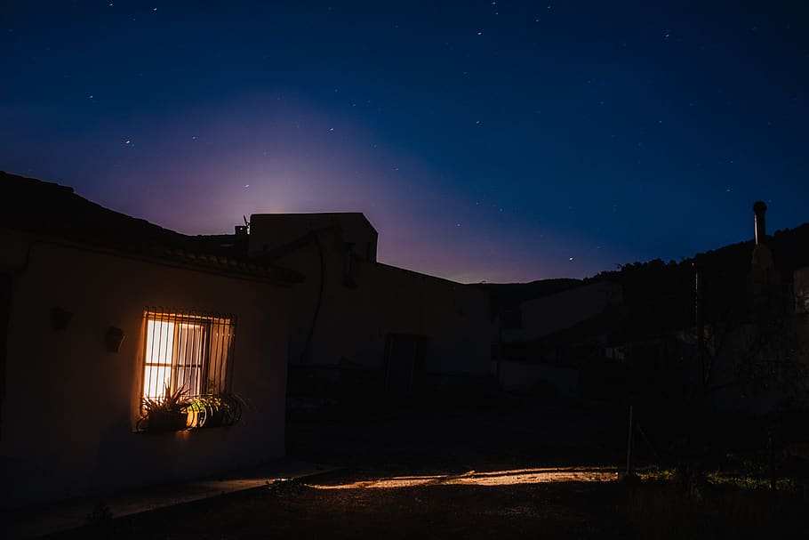 night, light, window, stars, hills, cabin, architecture, sky HD wallpaper