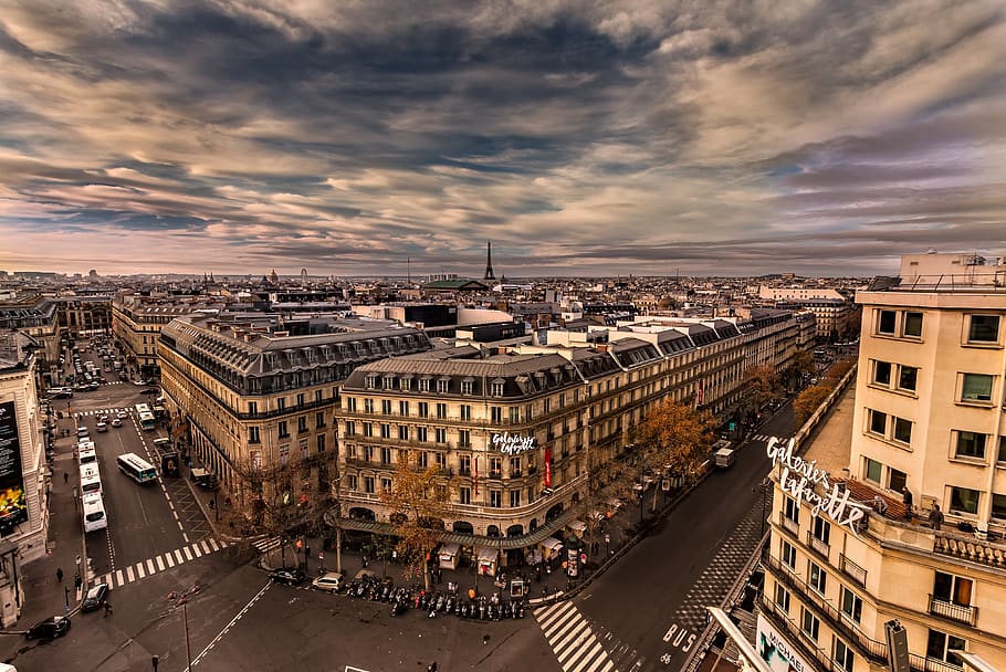 paris, city, perspective, panorama, sky, buildings, clouds, HD wallpaper