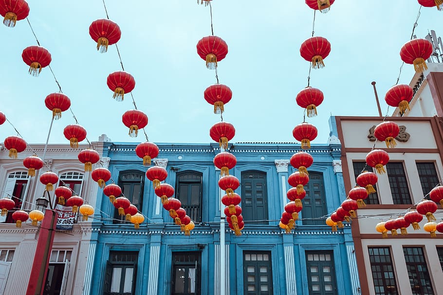 red lanterns outside city, lighting equipment, low angle view HD wallpaper