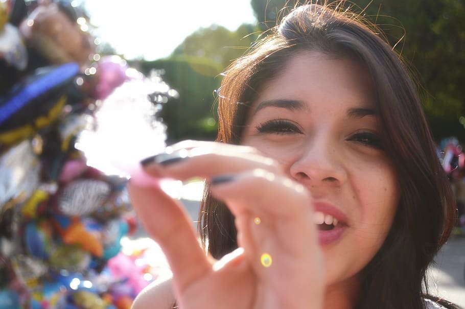 Woman Doing Holding Cotton Candy In Front Of The Camera, balloons HD wallpaper