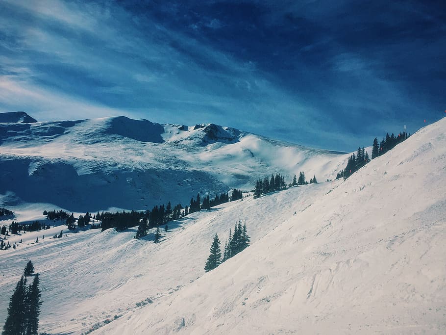 snow covered mountain, mountian, ridge, tree, blue, glacier, ice HD wallpaper