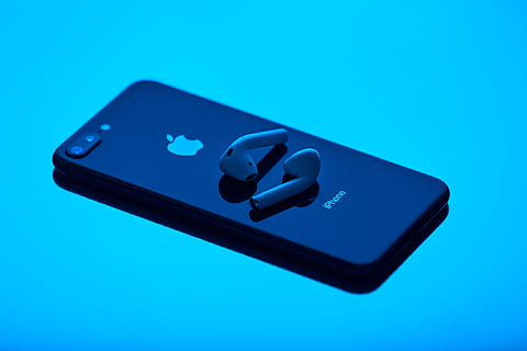 jet black iPhone 7, headphone, technology, product, photo, blue HD wallpaper