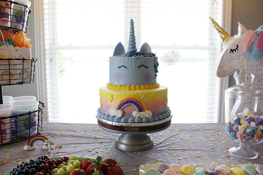 unicorn, cake, birthday, birthday cake, yellow, blue, rainbow