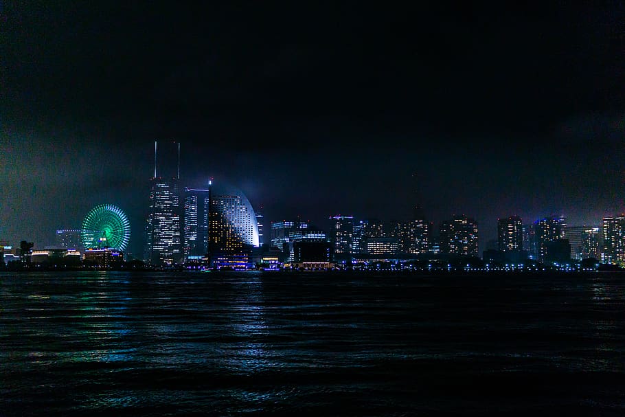 lighted city skyline at night, building, lighting, nature, outdoors HD wallpaper